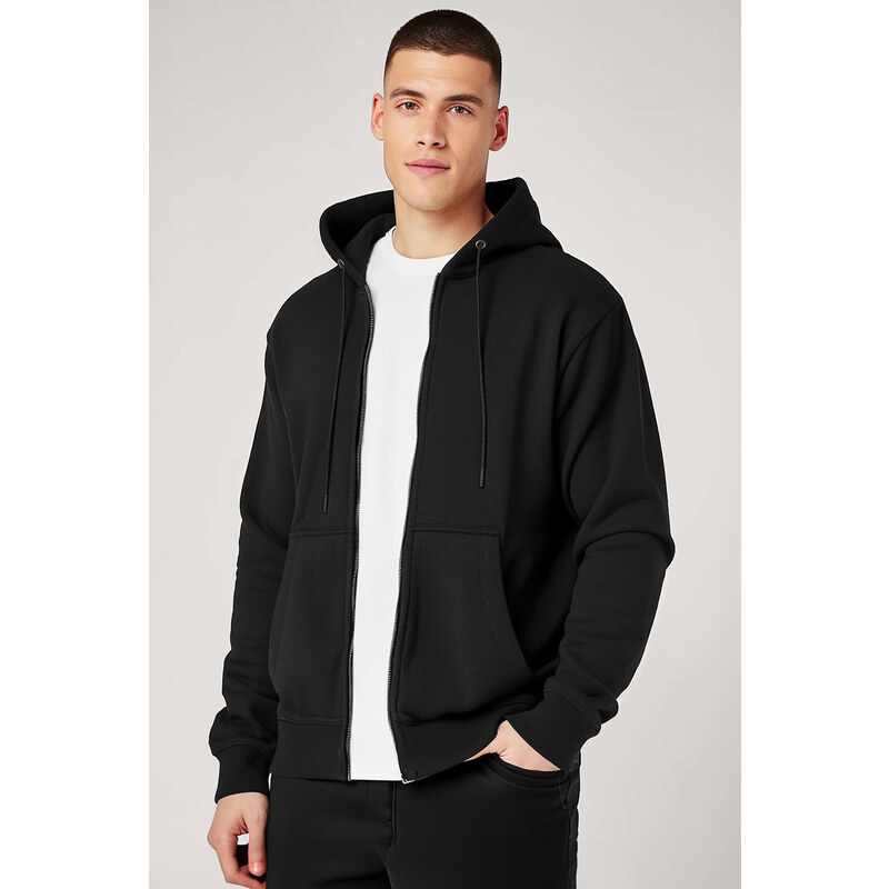 Mikina s Kapucí na Zip, Barva Černá, s Potiskem Basic Zipper