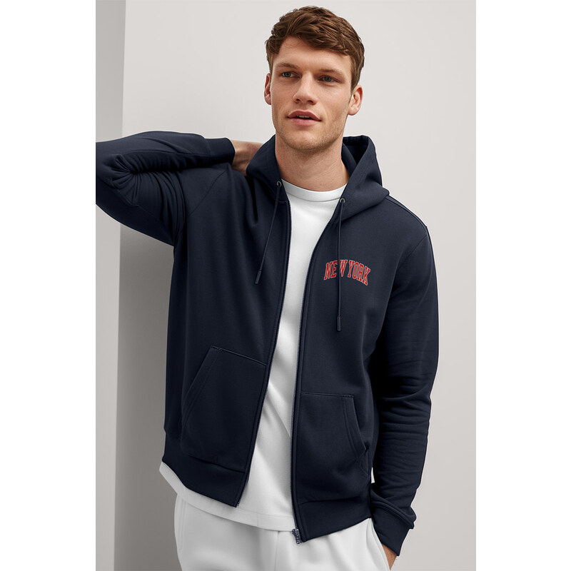 Mikina s Kapucí na Zip, Barva Modrá, s Potiskem New York Red