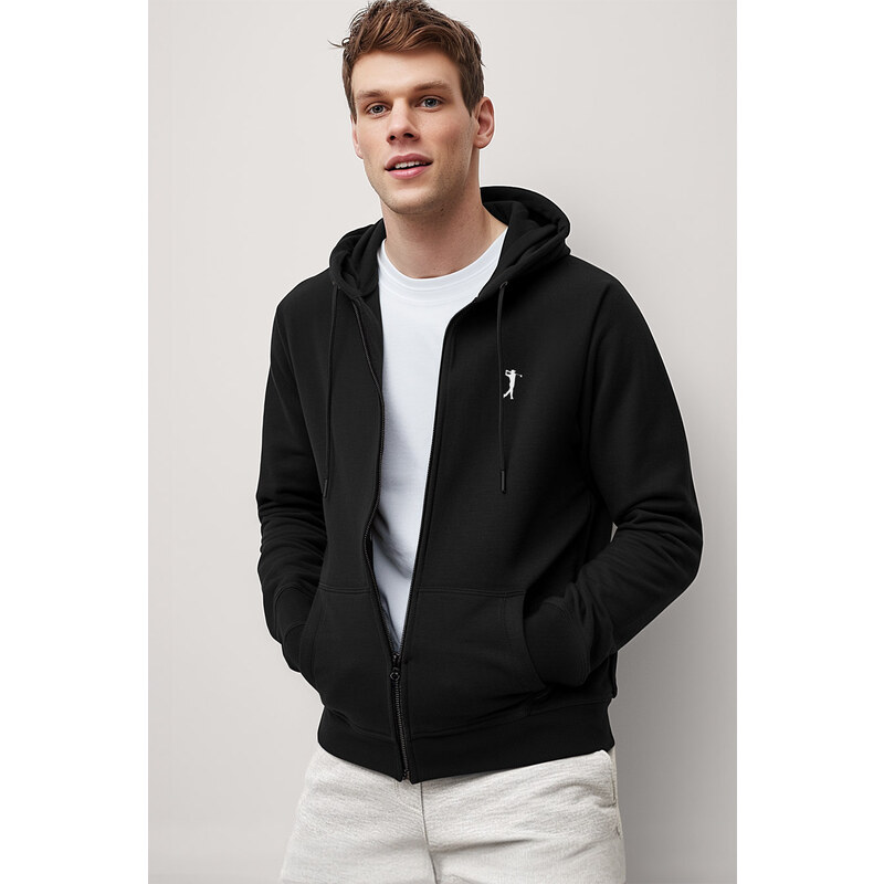 Mikina s Kapucí na Zip, Barva Černá, s Potiskem Golf Swing Logo