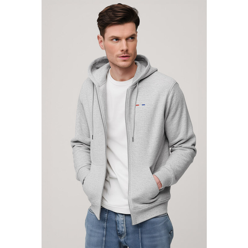 Mikina s Kapucí na Zip, Barva Šedá, s Potiskem French Stripe