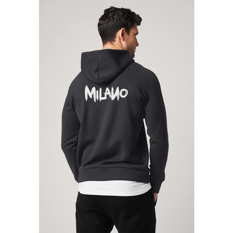 Mikina s Kapucí na Zip, Barva Železitě Šedá, s Potiskem Milano