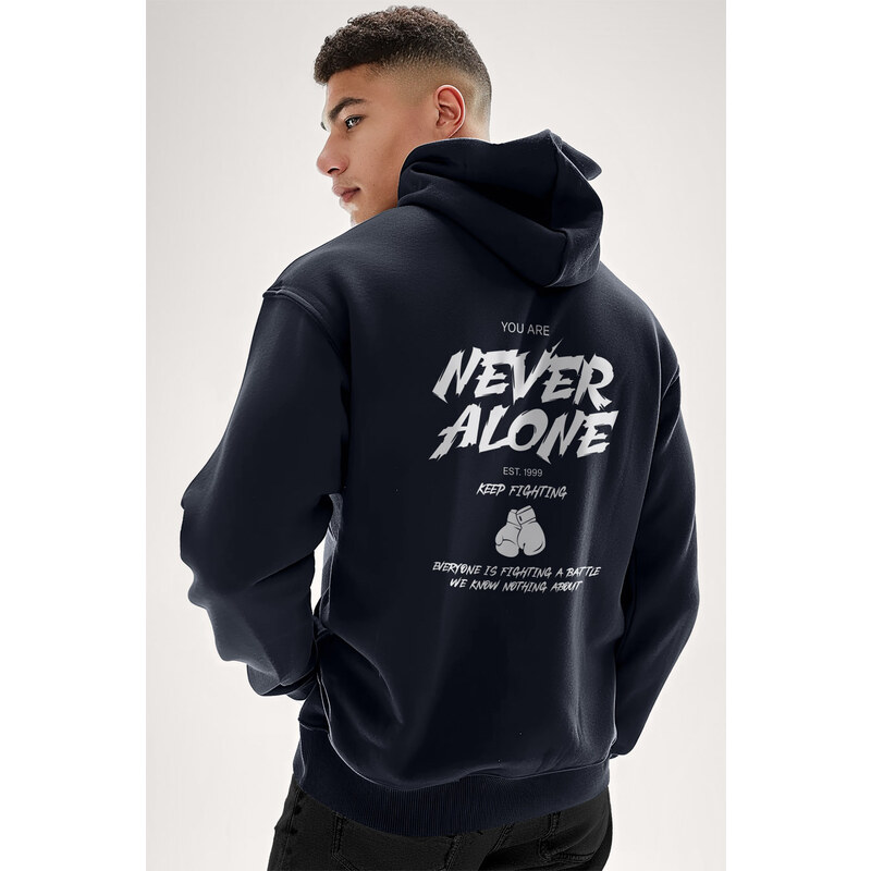 Mikina s Kapucí na Zip, Barva Modrá, s Potiskem Never Alone