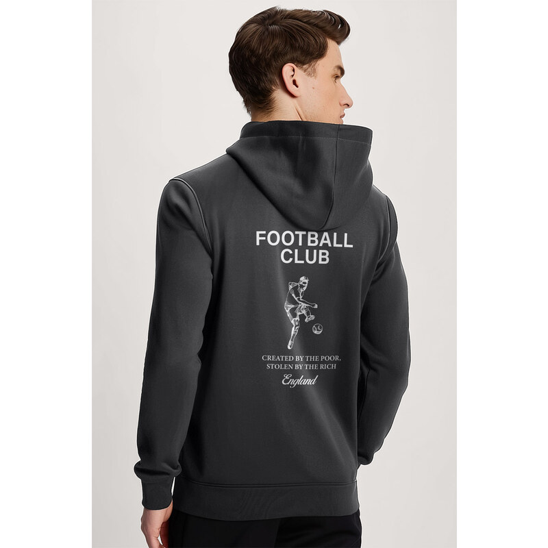 Mikina s Kapucí na Zip, Barva Železitě Šedá, s Potiskem Football