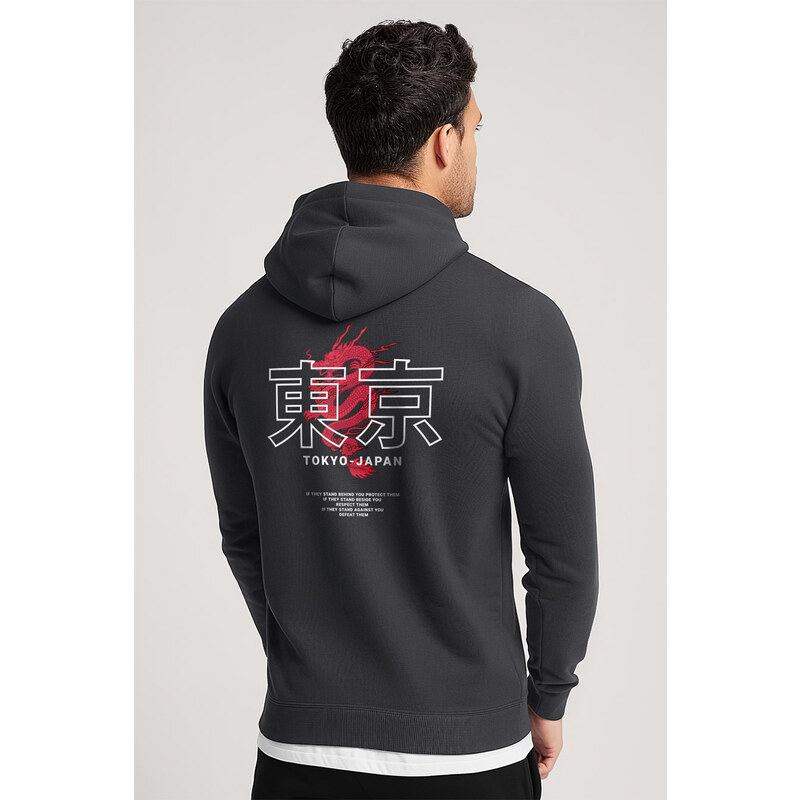 Mikina s Kapucí na Zip, Barva Železitě Šedá, s Potiskem Japanese