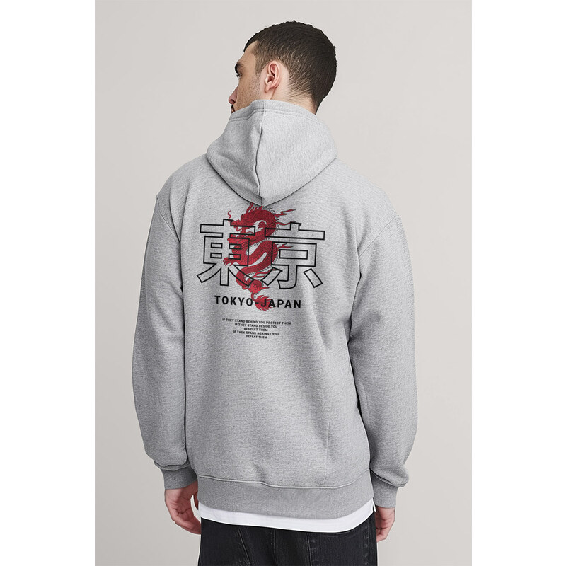 Mikina s Kapucí na Zip, Barva Šedá, s Potiskem Japanese Dragon