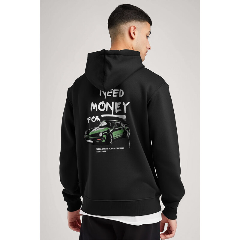 Mikina s Kapucí na Zip, Barva Černá, s Potiskem Need Money For