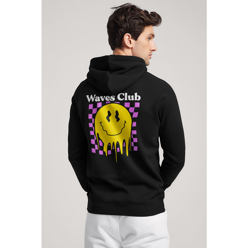 Mikina s Kapucí na Zip, Barva Černá, s Potiskem Waves Club
