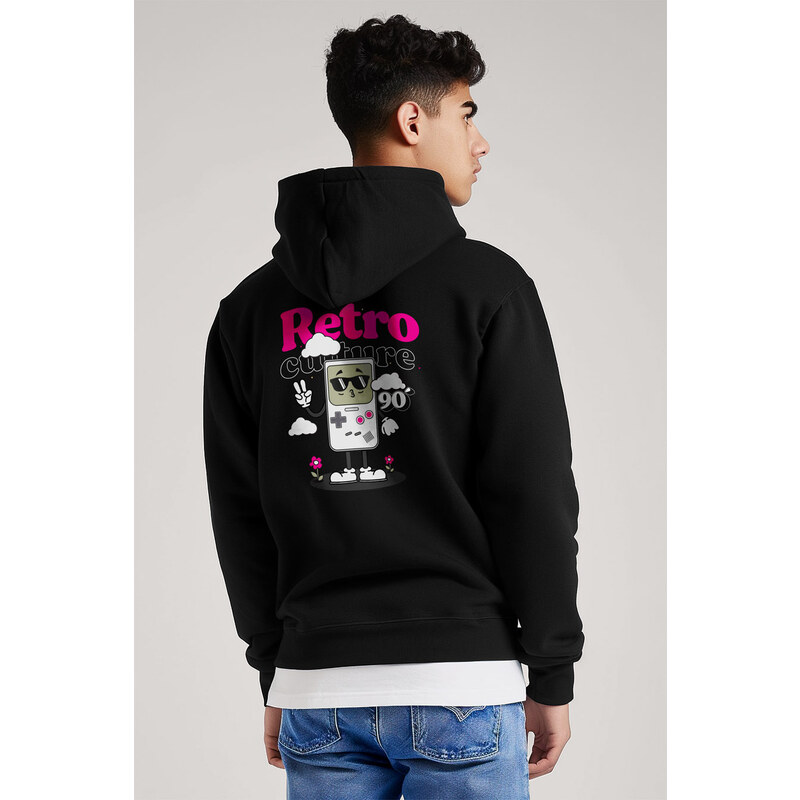 Mikina s Kapucí na Zip, Barva Černá, s Potiskem 90s Retro