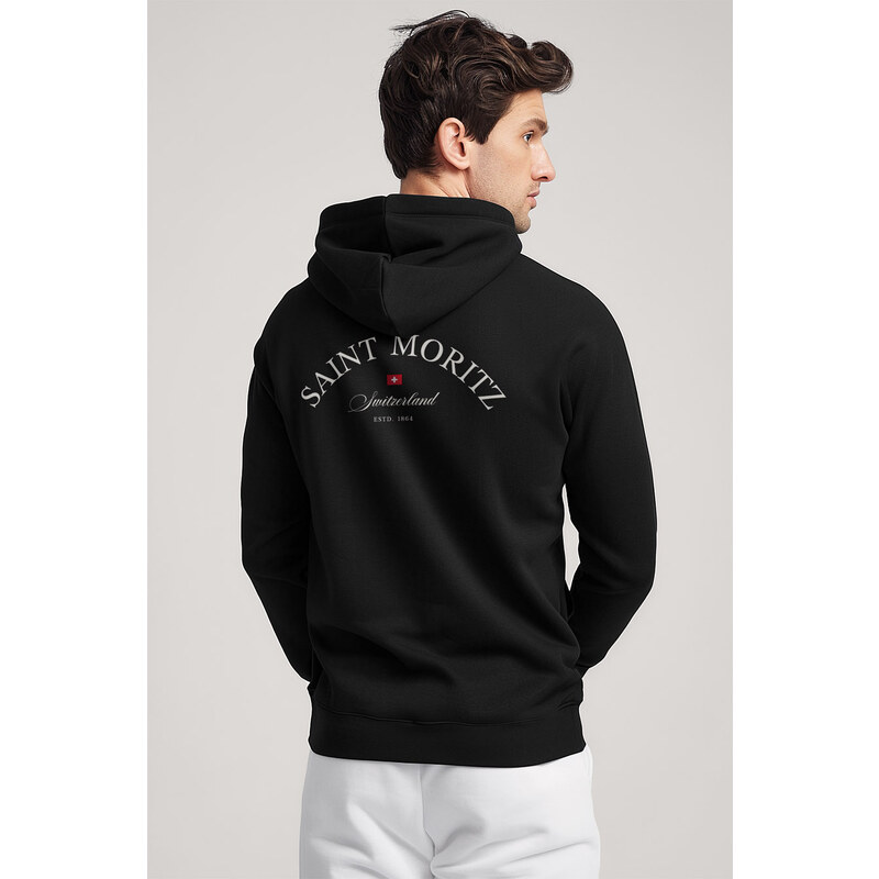 Mikina s Kapucí na Zip, Barva Černá, s Potiskem Saint Moritz