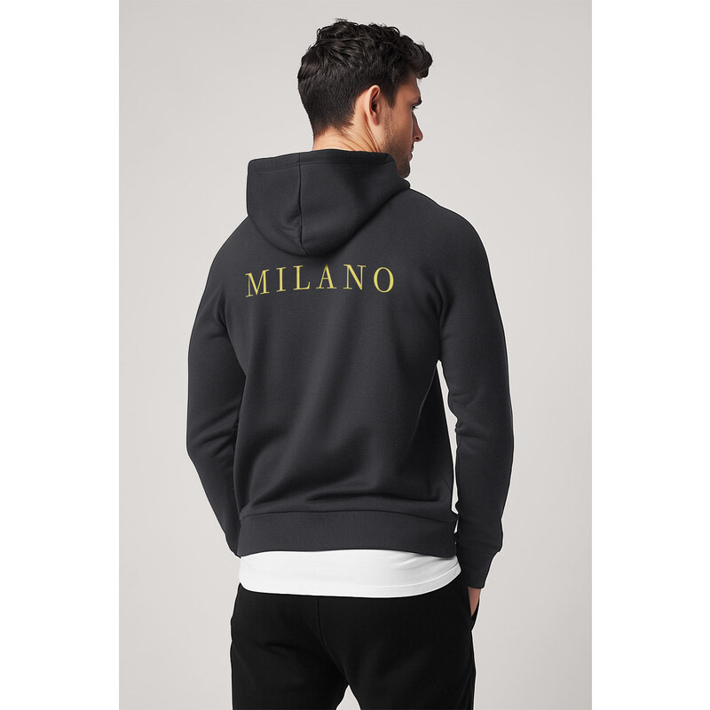 Mikina s Kapucí na Zip, Barva Železitě Šedá, s Potiskem Milano