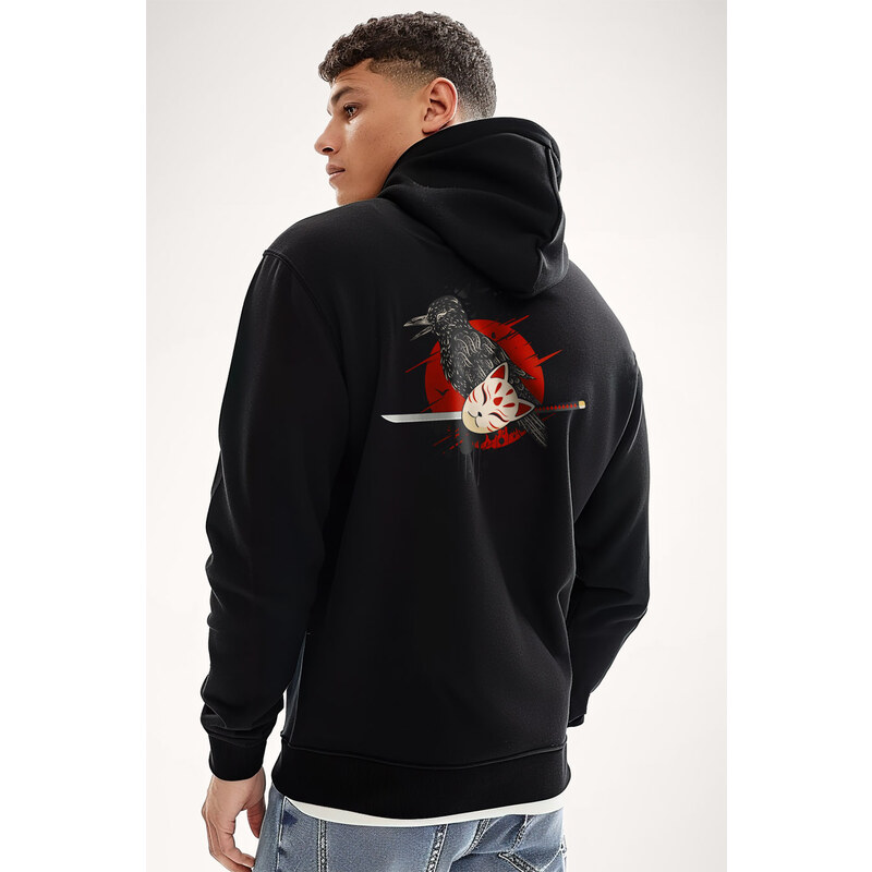 Mikina s Kapucí na Zip, Barva Černá, s Potiskem Ninja Cat Mask