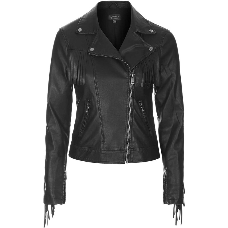 Topshop Fringe Faux Leather Biker Jacket