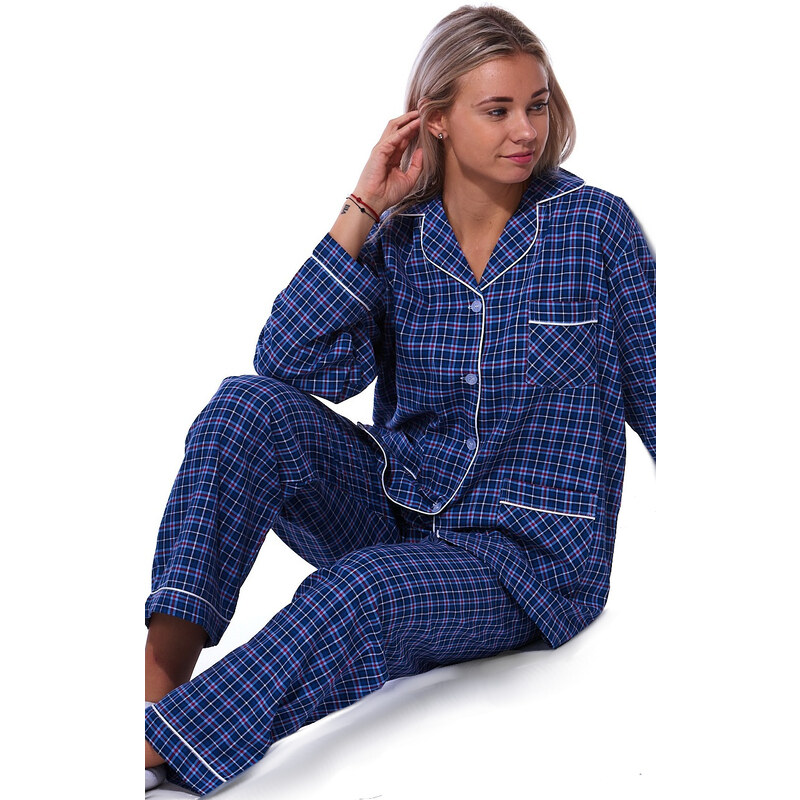 Naspani Modré kárované elegantní pyžamo celopropínací pro ženy -