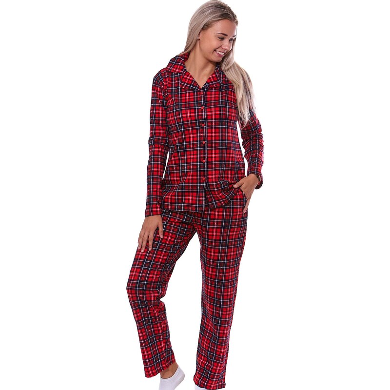 Naspani Červené kárované elegantní pyžamo celopropínací pro ženy