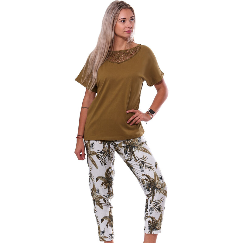 Naspani Khaki zelené i bílé jemné luxusní pyžamo pro ženy či
