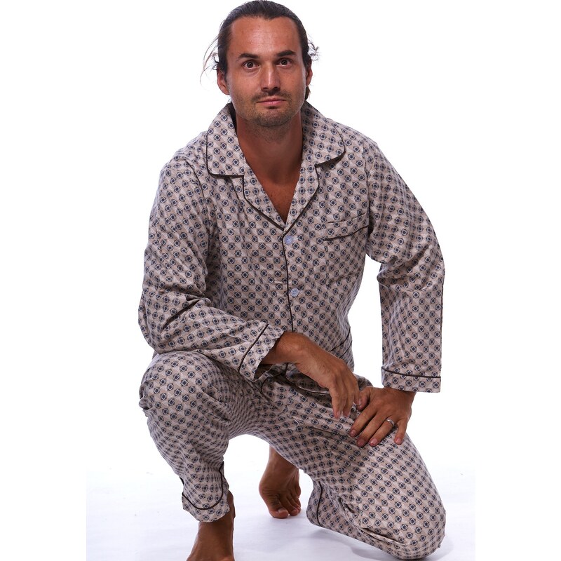 Naspani Béžové teplé klasické pyžamo pro muže z flanelu piké