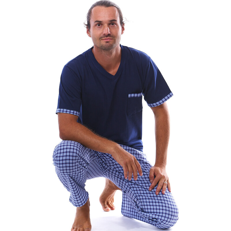 Naspani Elegantně sportovní modré kárované pyžamo pro muže