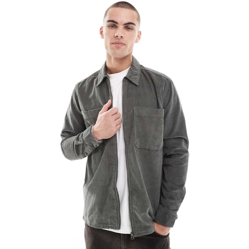 ONLY & SONS zip through cord overshirt in dark khaki-Grey