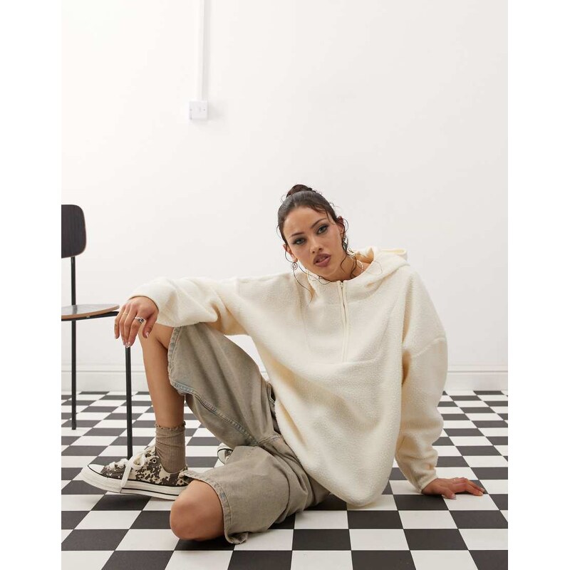 Noisy May 1/4 zip hooded fleece in cream-Black