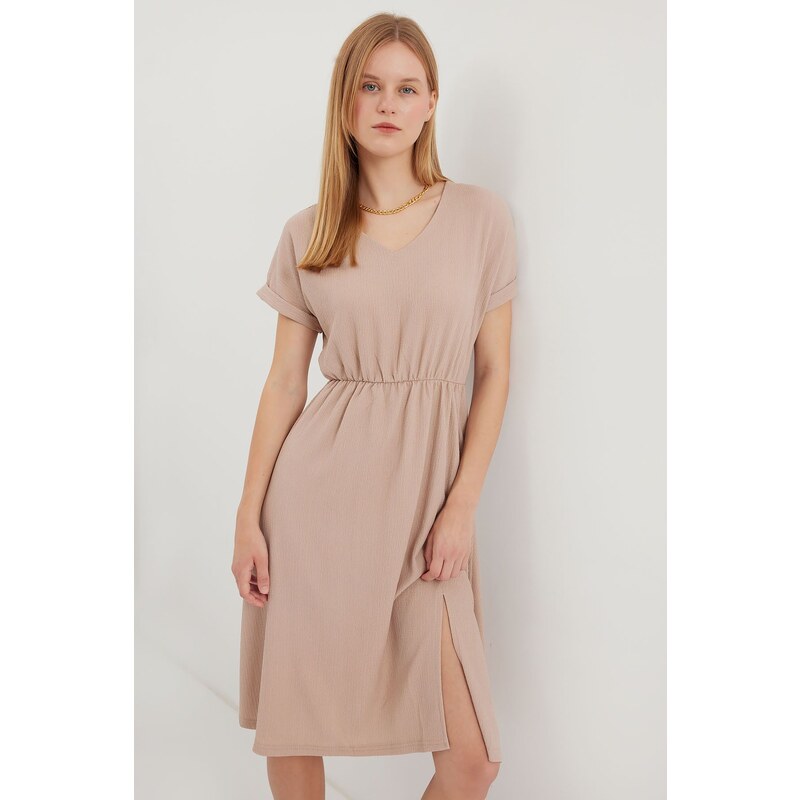 Bigdart 2378 V Neck Slit Knitted Dress - Biscuit