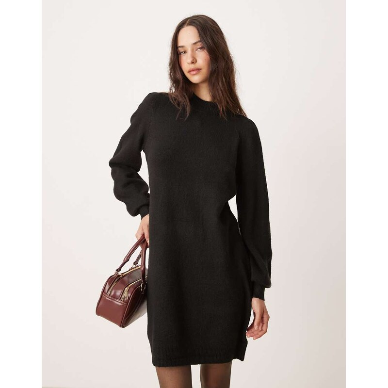 JDY puff sleeve knitted mini jumper dress in black