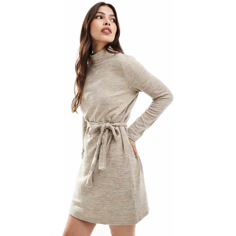 Vero Moda high neck knitted mini dress with tie waist in beige