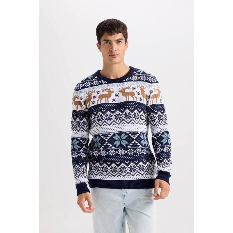 DEFACTO Standard Fit Christmas Themed Crew Neck Knitted Sweater
