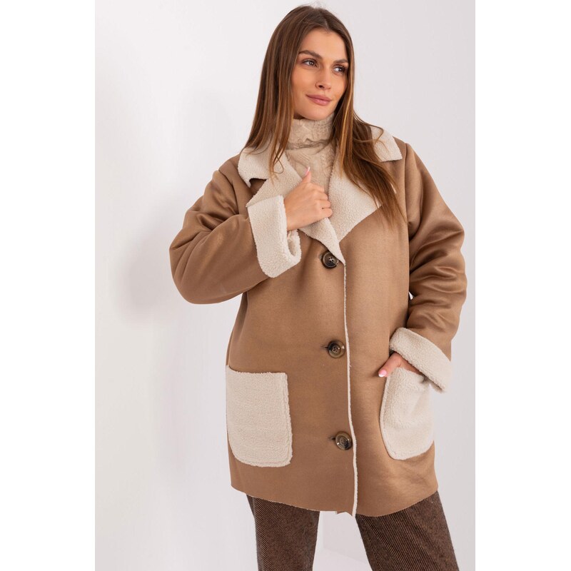 MladaModa Kožich s knoflíky a páskem model 54196 barva camel 108808006