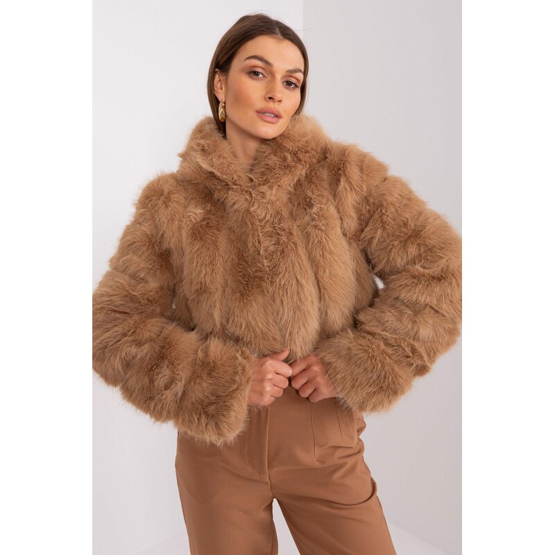 MladaModa Kožešinková bunda s kapucí model 37896 barva camel 108808019