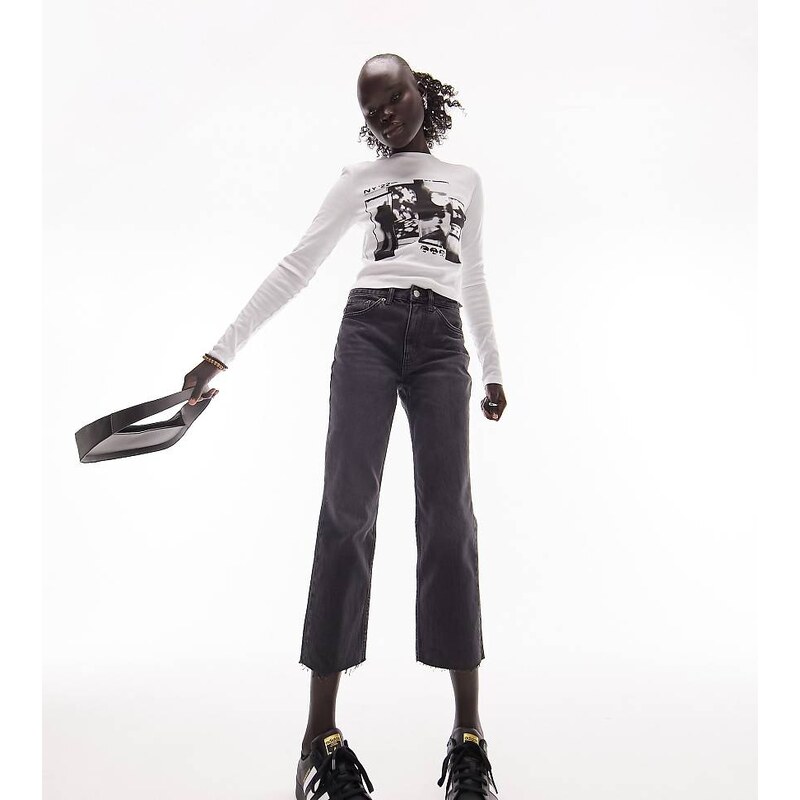 Topshop Petite mid rise straight jean with raw hems in black 115718493