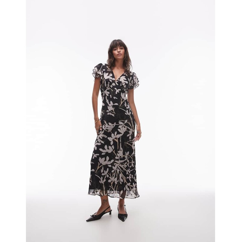 Topshop flutter sleeve midi dress in mono floral-Multi 100617928