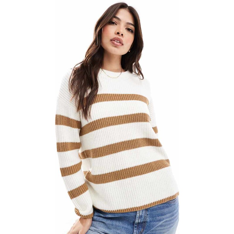 Selected knitted jumper in cream with tan stripe-White 100627796