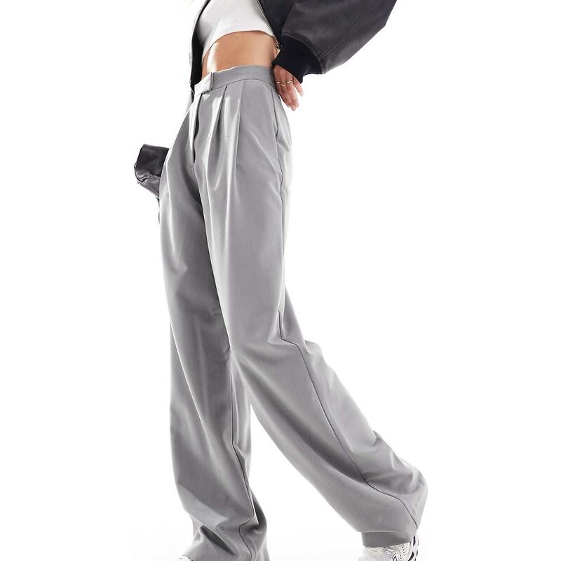 ASOS DESIGN Tall tailored wide leg trousers with pleat detail in grey 101638615