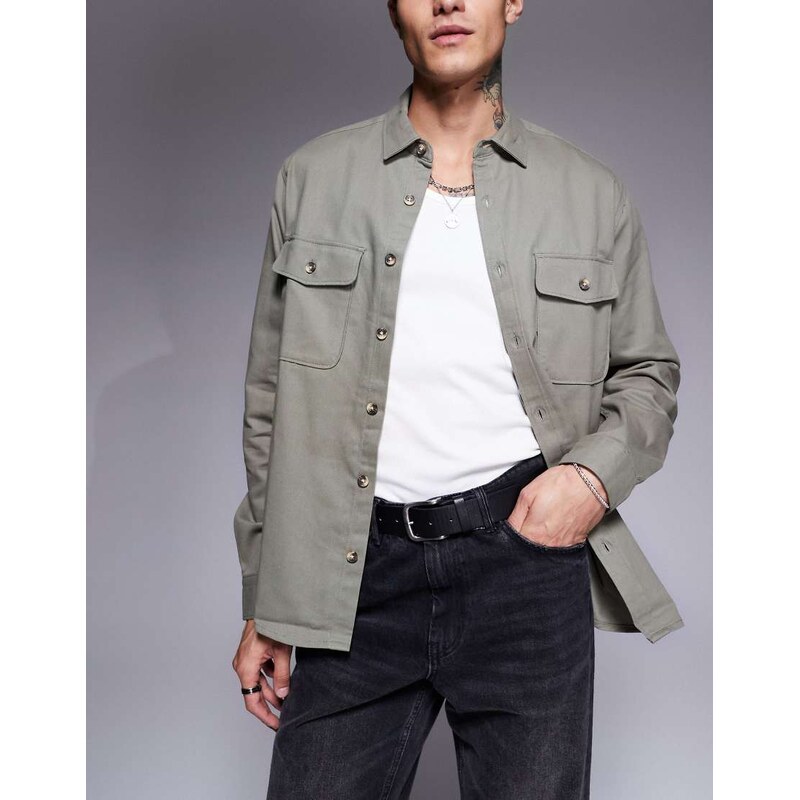 ASOS DESIGN cotton overshirt in khaki-Green