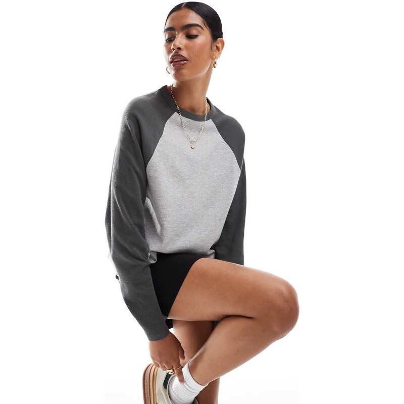 ASOS DESIGN raglan long sleeve top in waffle in charcoal-Multi 100653935