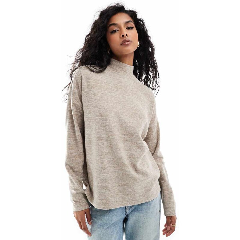 Vero Moda high neck oversized jersey top in beige melange-Neutral 115509922