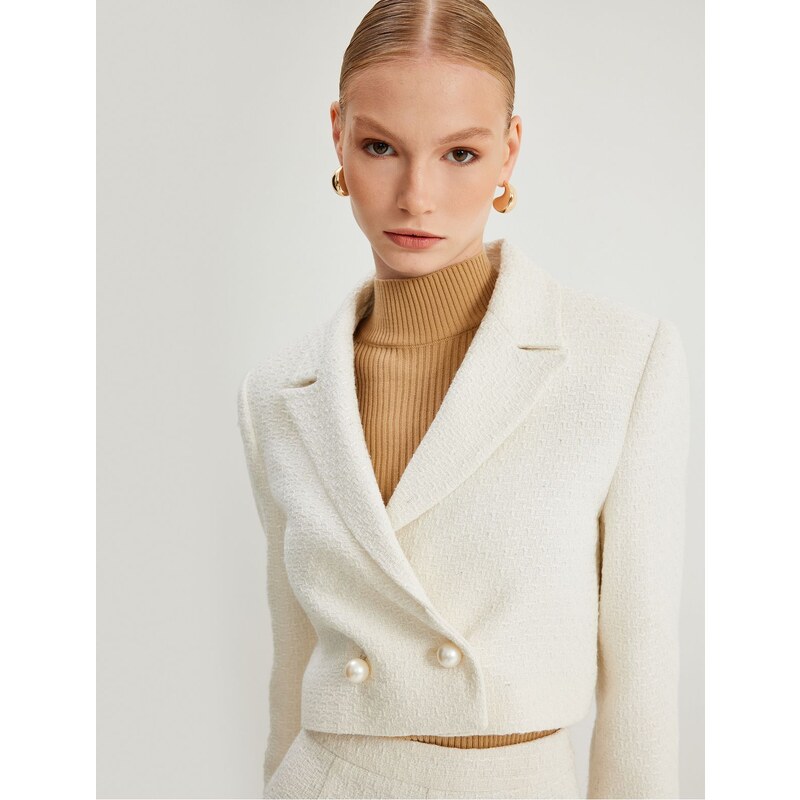 Koton Crop Tweed Blazer Jacket Double Breasted Pearl Buttons 107082170