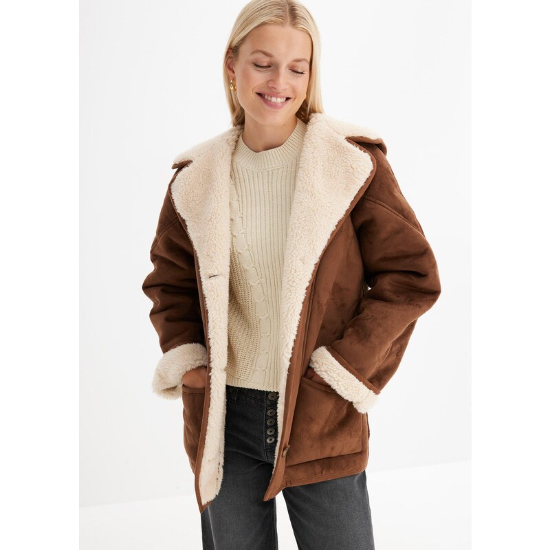 bonprix Bunda s kapucí, materiál shearling hnědá Žena 103560709