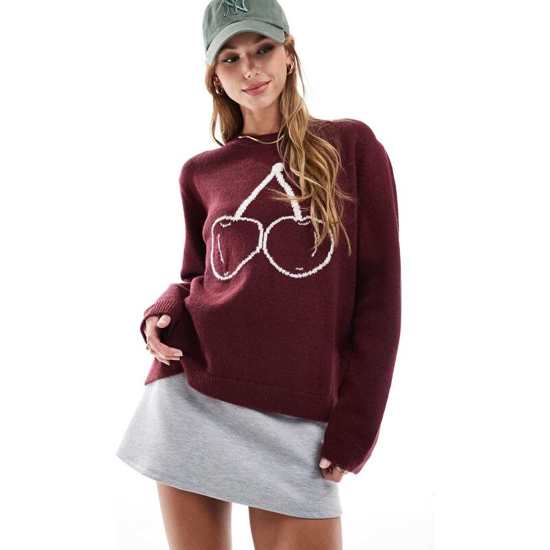 ASOS DESIGN knitted jumper with cherry graphic in burgundy-Red 101709165