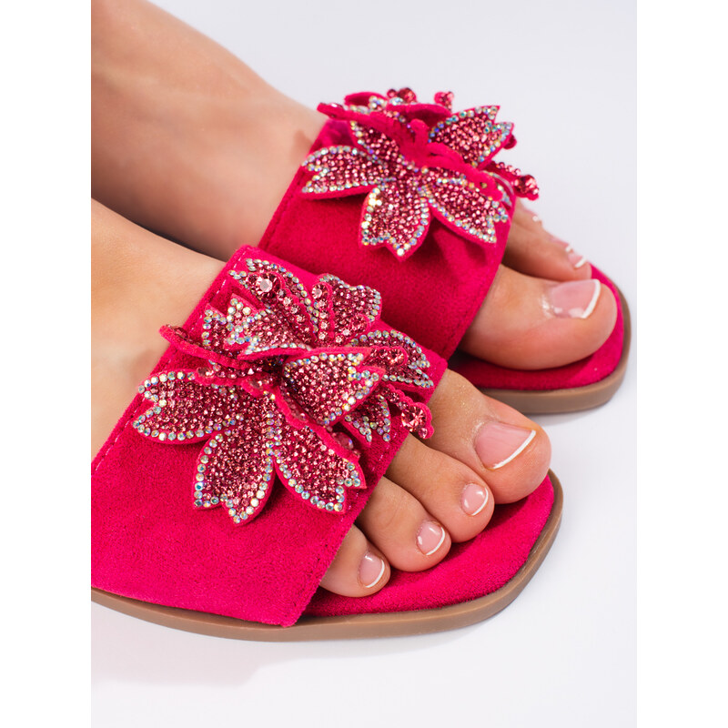 Shelvt Womens fuchsia flip-flops with embellishment 107075764