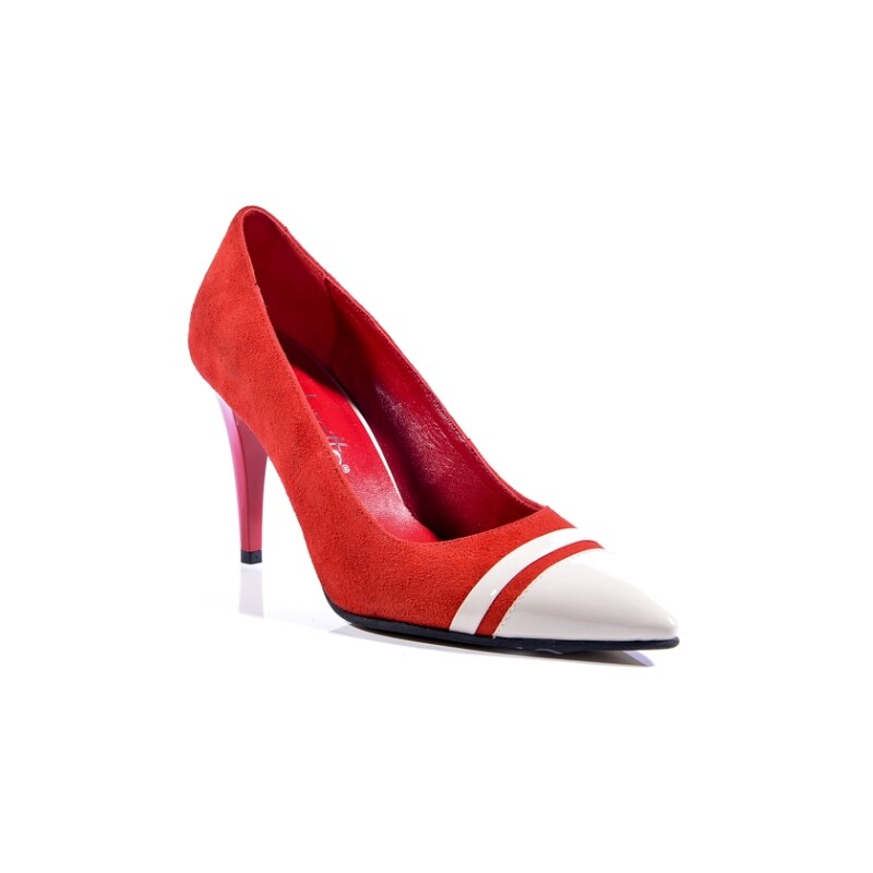Clarette Dámská obuv na podpatku 699_Red velour + beige lake