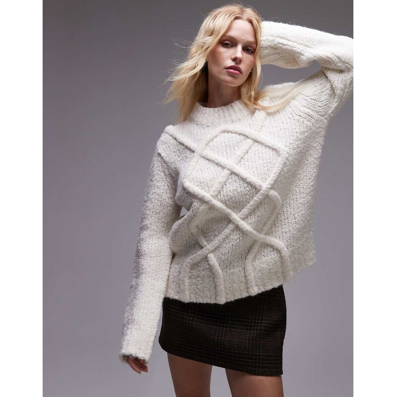Topshop knitted premium pretzel cable oversized jumper in ivory-White 100707737