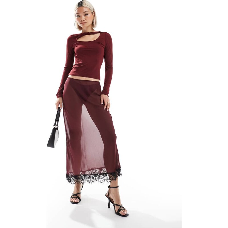 ASOS DESIGN sheer chiffon lace trim maxi skirt in burgundy-Red 115730544