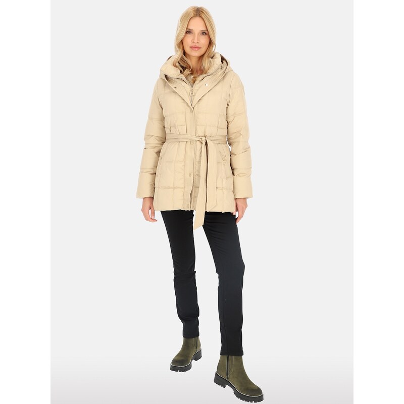 PERSO Womans Womens short tied real down jacket with a hood ,
