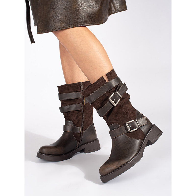 Shelvt Brown womens low-heeled ankle boots with buckles 107082467