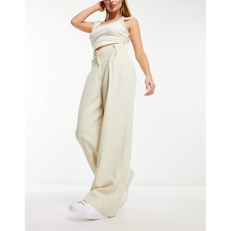 Monki high waist wide leg tailored trousers in beige-Neutral