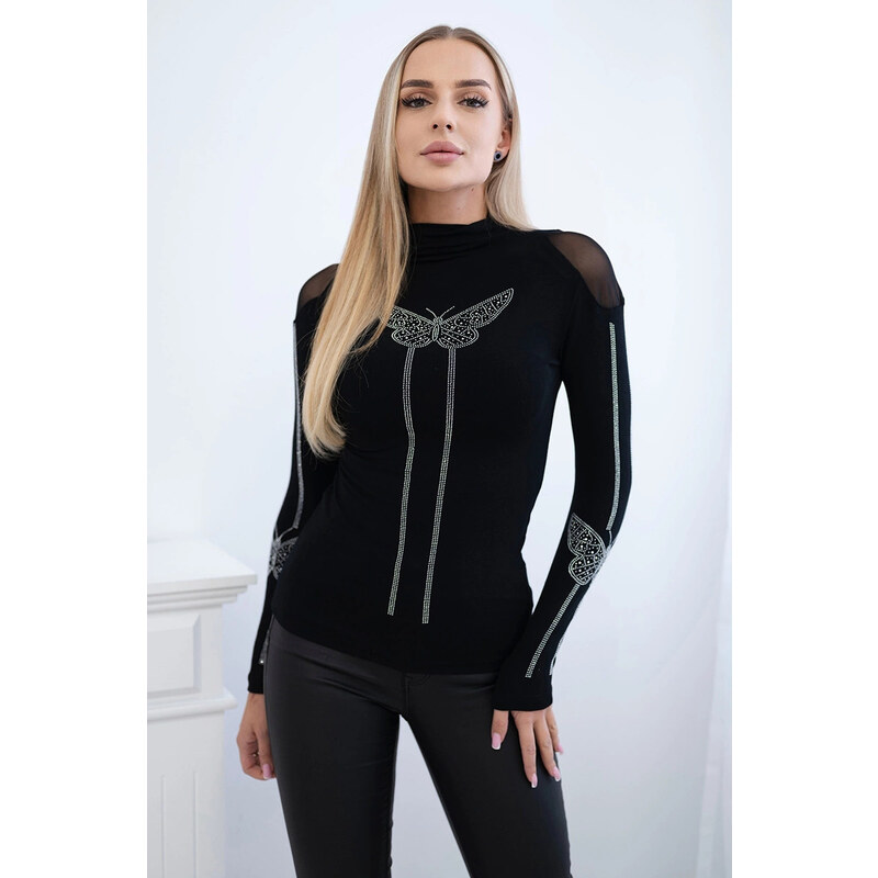 K-Fashion Pletená halenka s motýlem z kubické zirkonie černá