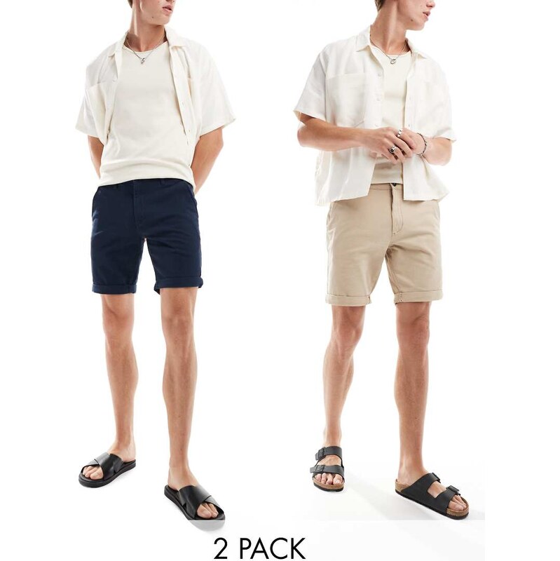 Jack & Jones 2 pack chino shorts in navy and tan-Multi