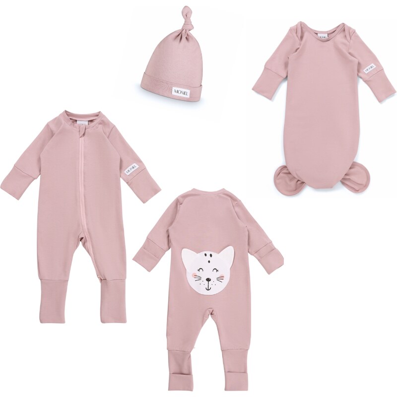 Moniel overal + body s čepicí souprava pro novorozence Pastel