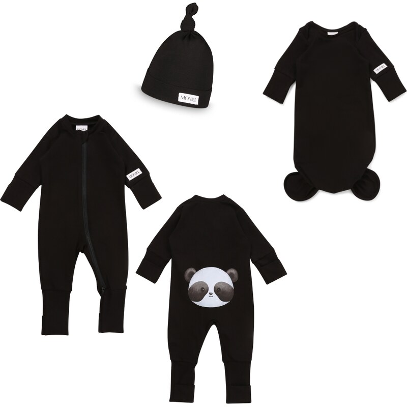 Moniel overal + body s čepicí souprava pro novorozence All Black